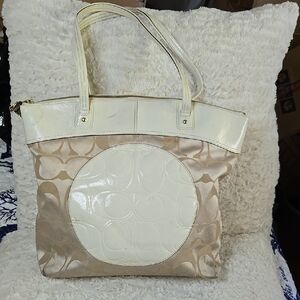 Coach Cream and Tan Quilted Tote with Glossy Finish